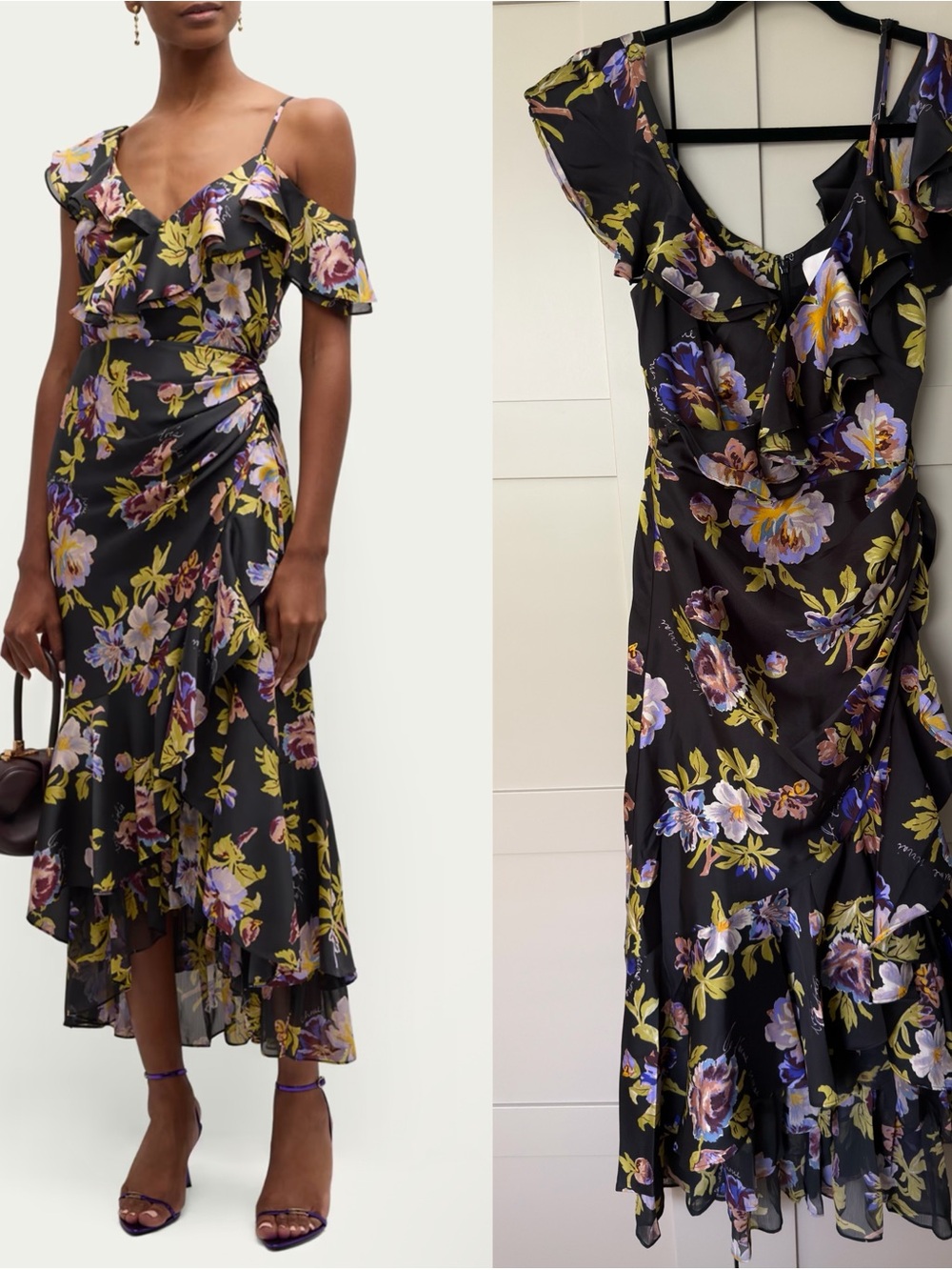 🍉Cinq a Sept Nara One-Shoulder Ruffled Floral Midi Dress Purple Yellow